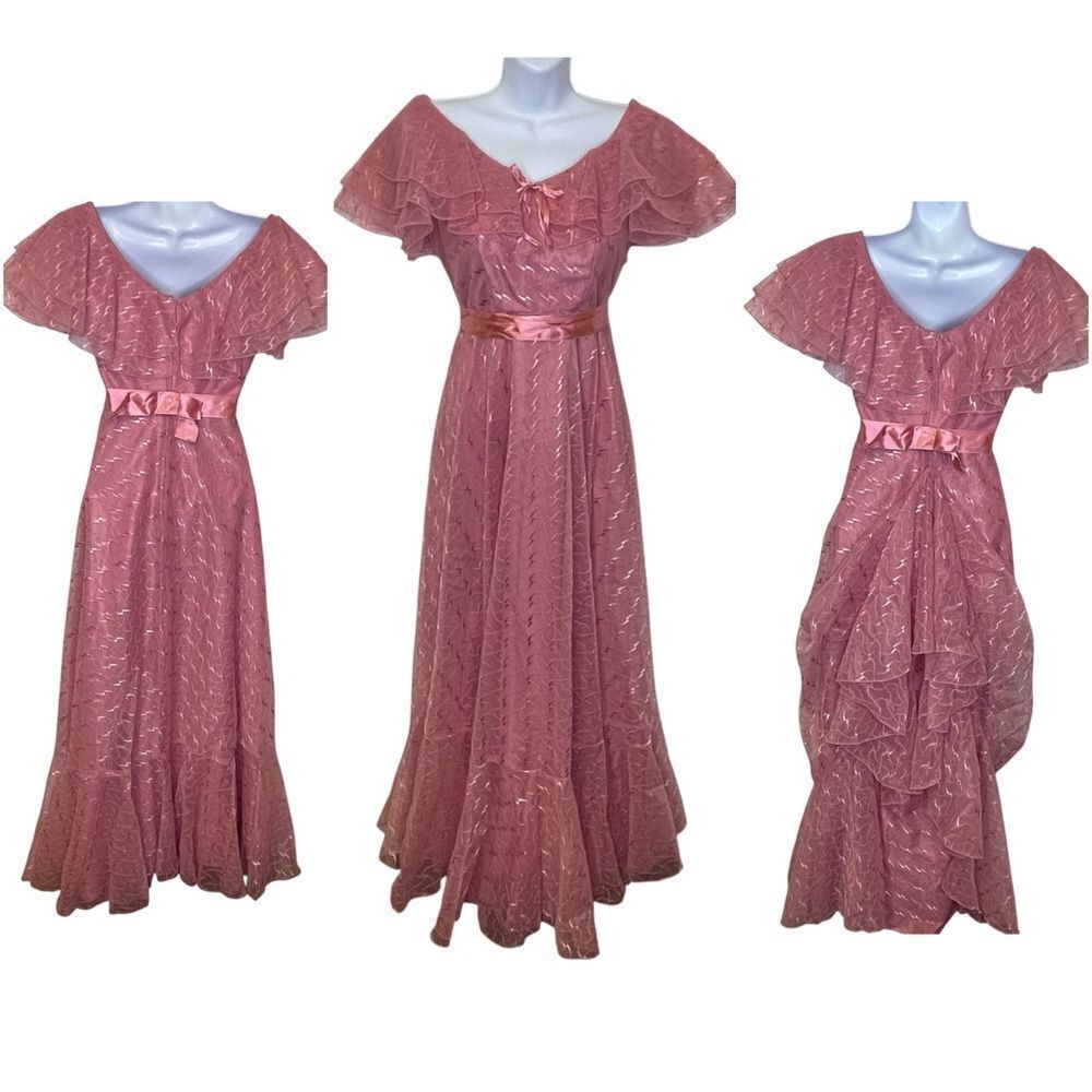 Vintage 1970s Ruffle Tulle Daphne Rose JC Penney Maxi Dress Prom Gown Size 3/4